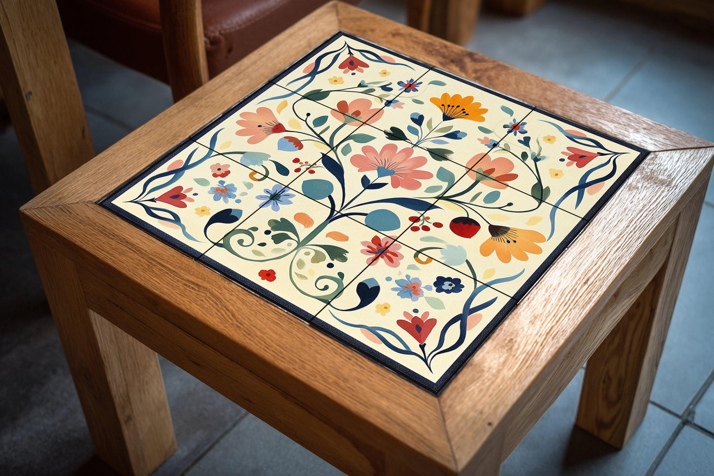Swedish ceramic mural of kurbits: Dalarna folk floral painting in pastel shades, Nordic decorative tile panel with scrolls and symmetry.