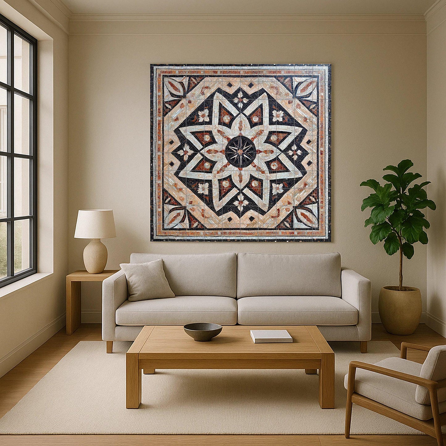 Syrian ceramic mosaic mural: Damascus, Aleppo, Homs, geometric star and flower design art, heritage tile art with cultural depth