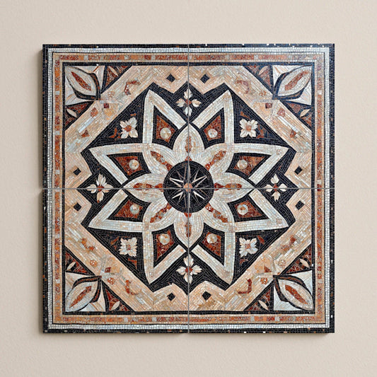 Syrian ceramic mosaic mural: Damascus, Aleppo, Homs, geometric star and flower design art, heritage tile art with cultural depth