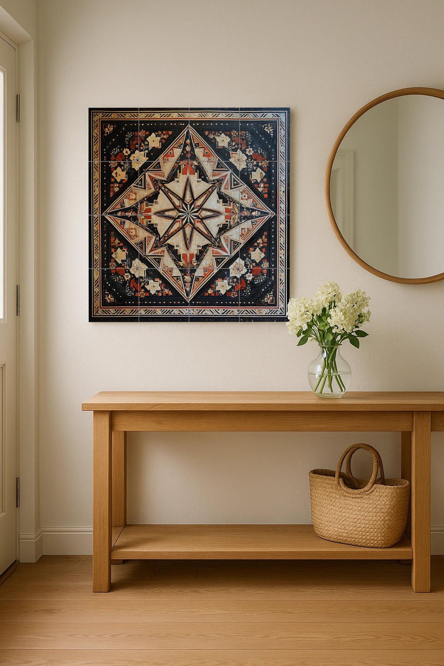 Geometric ceramic mural from the Middle East: modern star mosaic in black, ivory and terracotta, ornamental wall art with timeless symmetry.