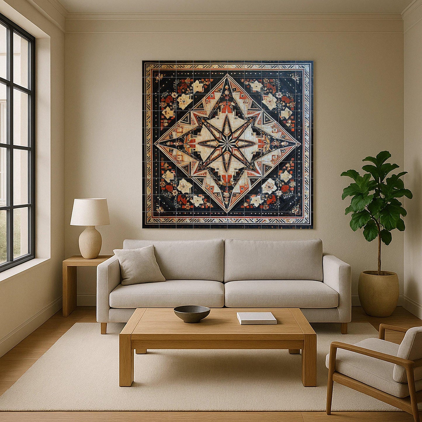 Geometric ceramic mural from the Middle East: modern star mosaic in black, ivory and terracotta, ornamental wall art with timeless symmetry.