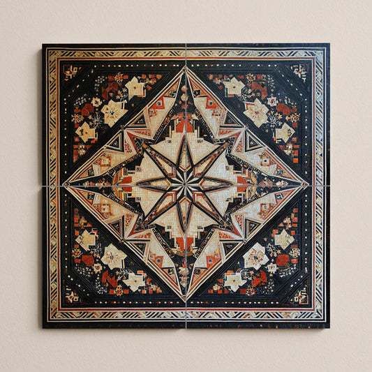 Geometric ceramic mural from the Middle East: modern star mosaic in black, ivory and terracotta, ornamental wall art with timeless symmetry.
