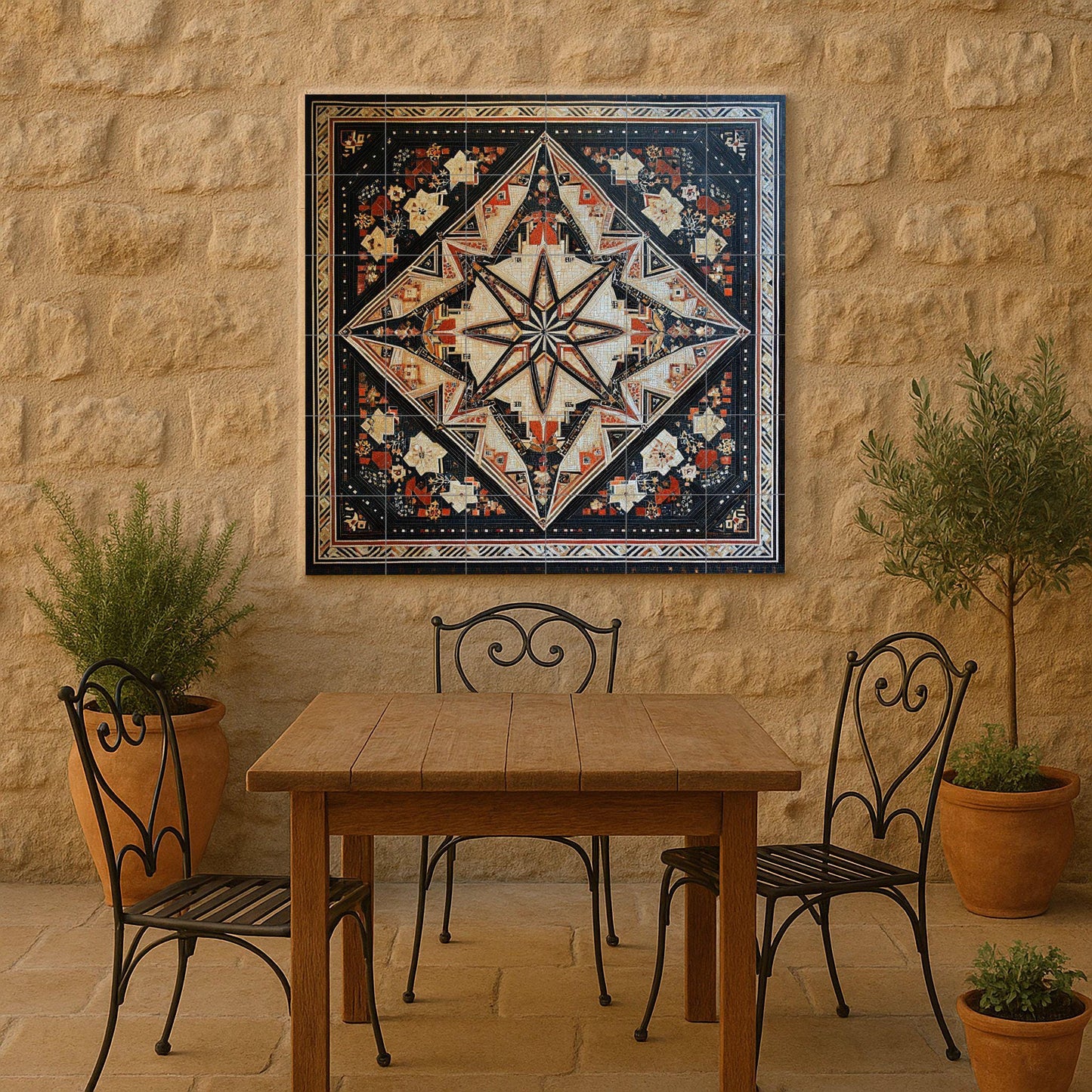 Geometric ceramic mural from the Middle East: modern star mosaic in black, ivory and terracotta, ornamental wall art with timeless symmetry.
