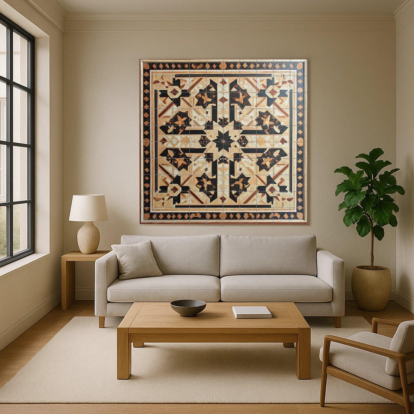Syrian ceramic mural: intricate geometric design of stars in earthy tones, Damascus mosaic art with ornamental border and refined symmetry.