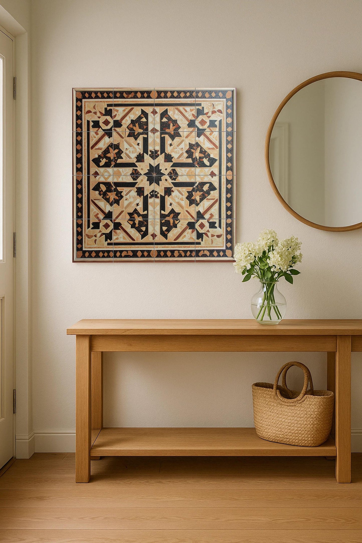 Syrian ceramic mural: intricate geometric design of stars in earthy tones, Damascus mosaic art with ornamental border and refined symmetry.