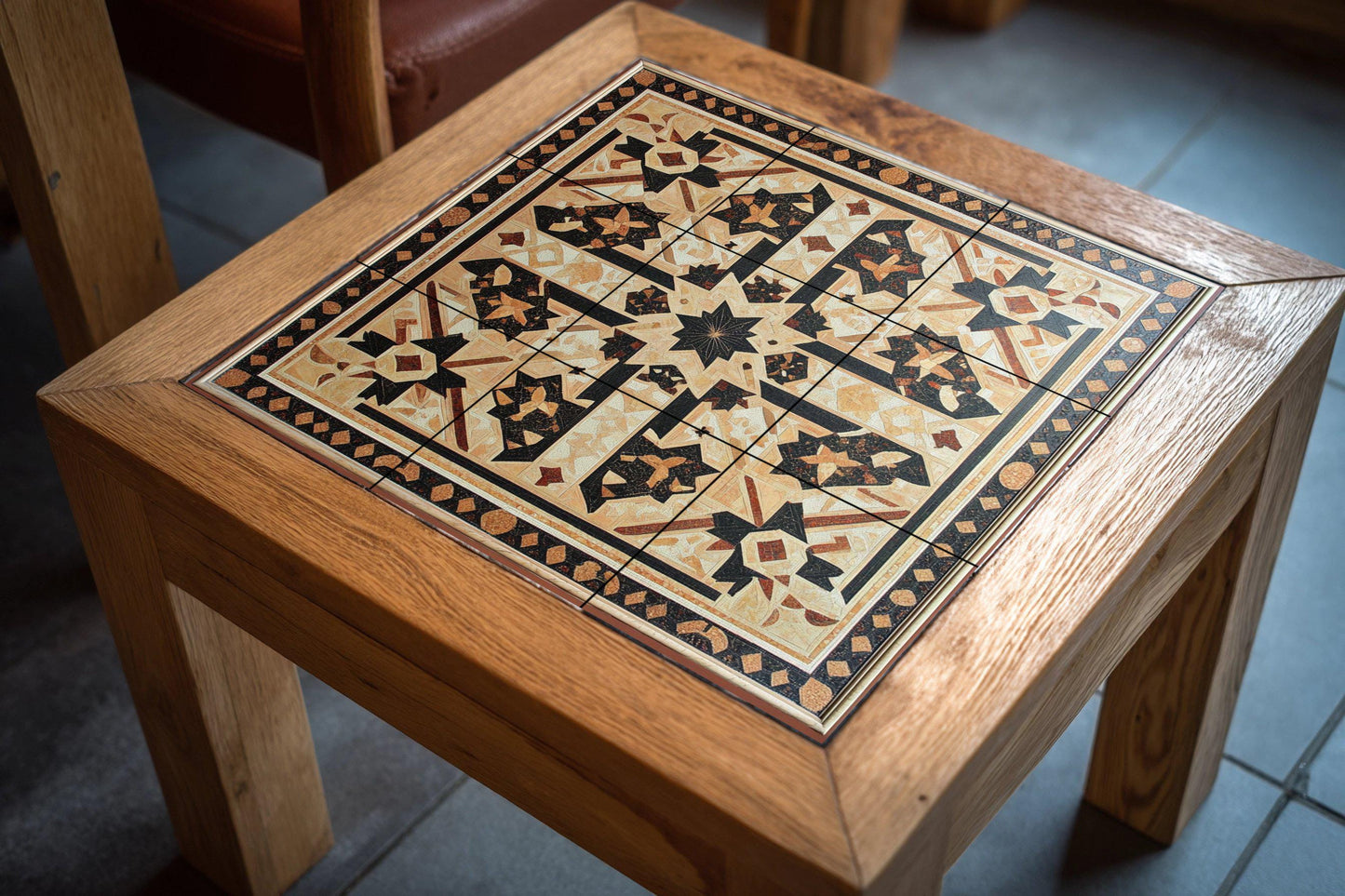 Syrian ceramic mural: intricate geometric design of stars in earthy tones, Damascus mosaic art with ornamental border and refined symmetry.