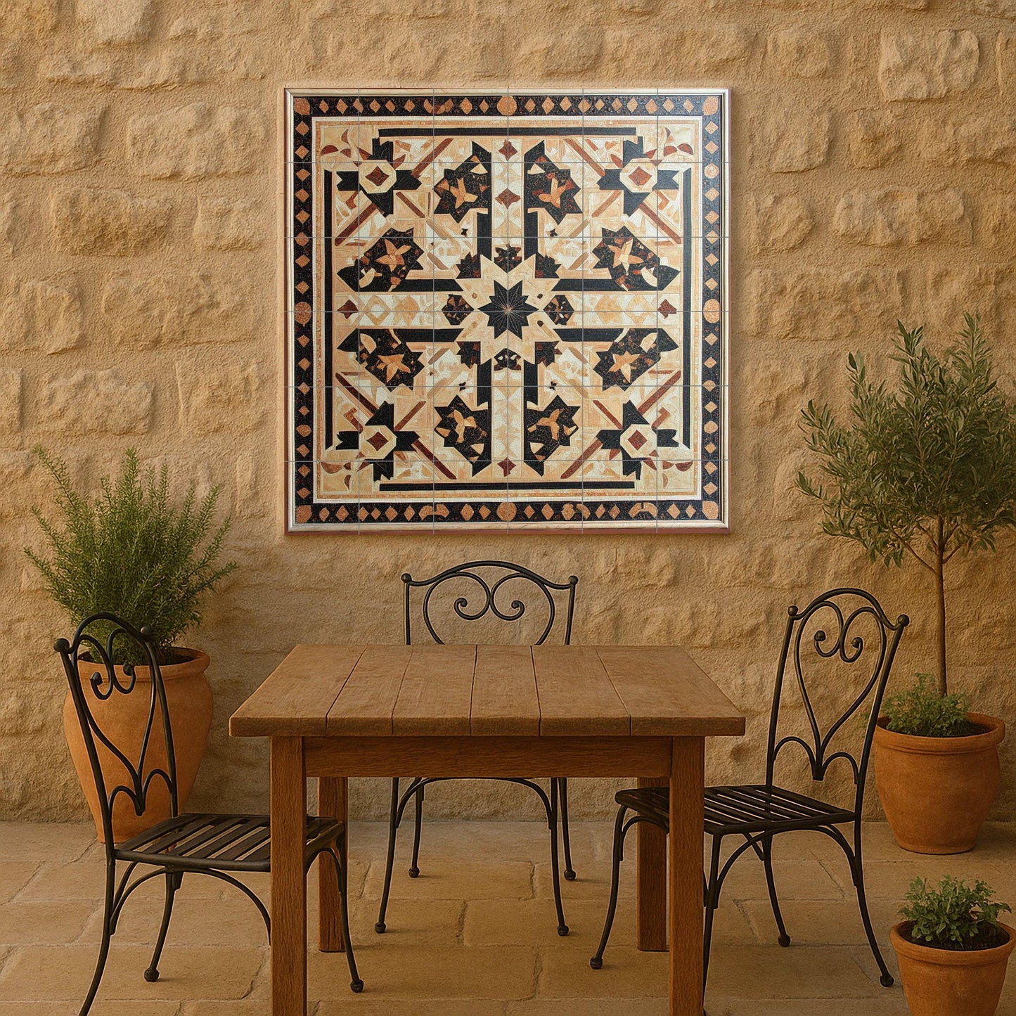 Syrian ceramic mural: intricate geometric design of stars in earthy tones, Damascus mosaic art with ornamental border and refined symmetry.