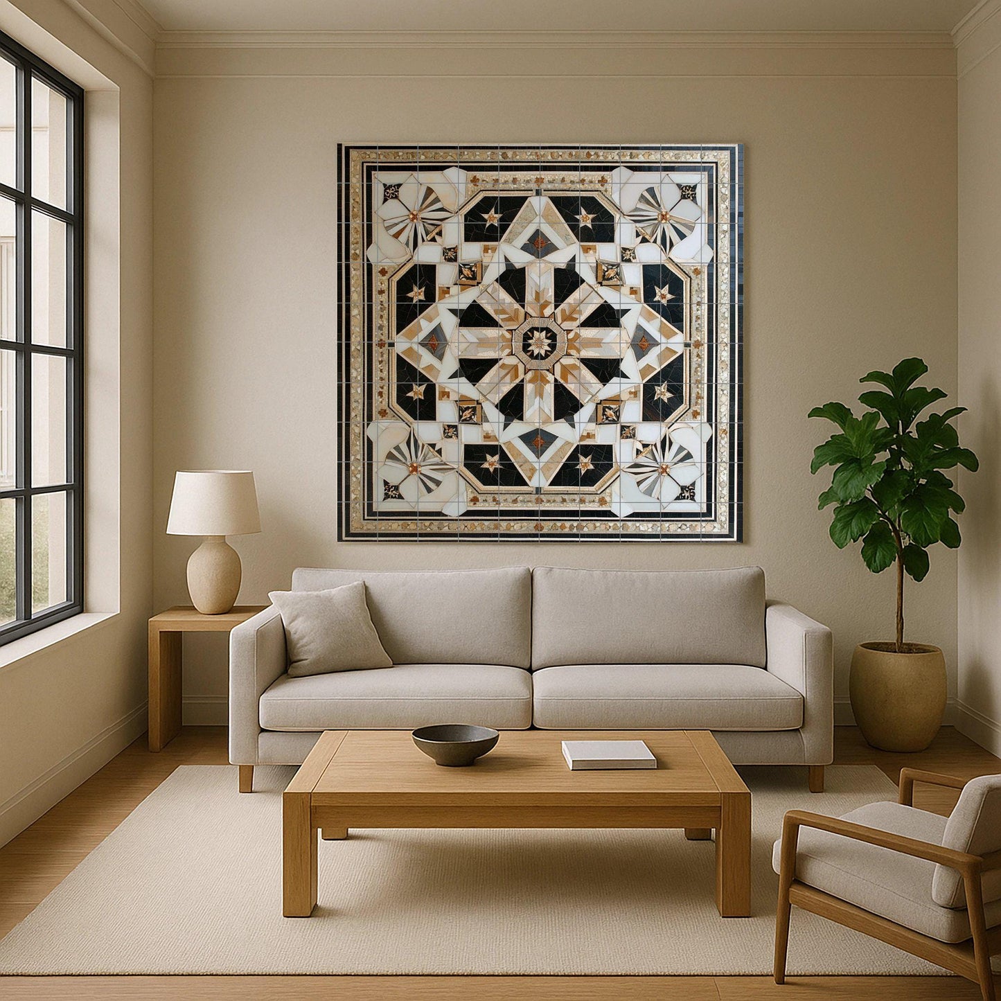 Geometric Star Ceramic Mural: Ornamental panel of black, white and gold tiles with an intricate symmetrical design, luxury wall art centerpiece