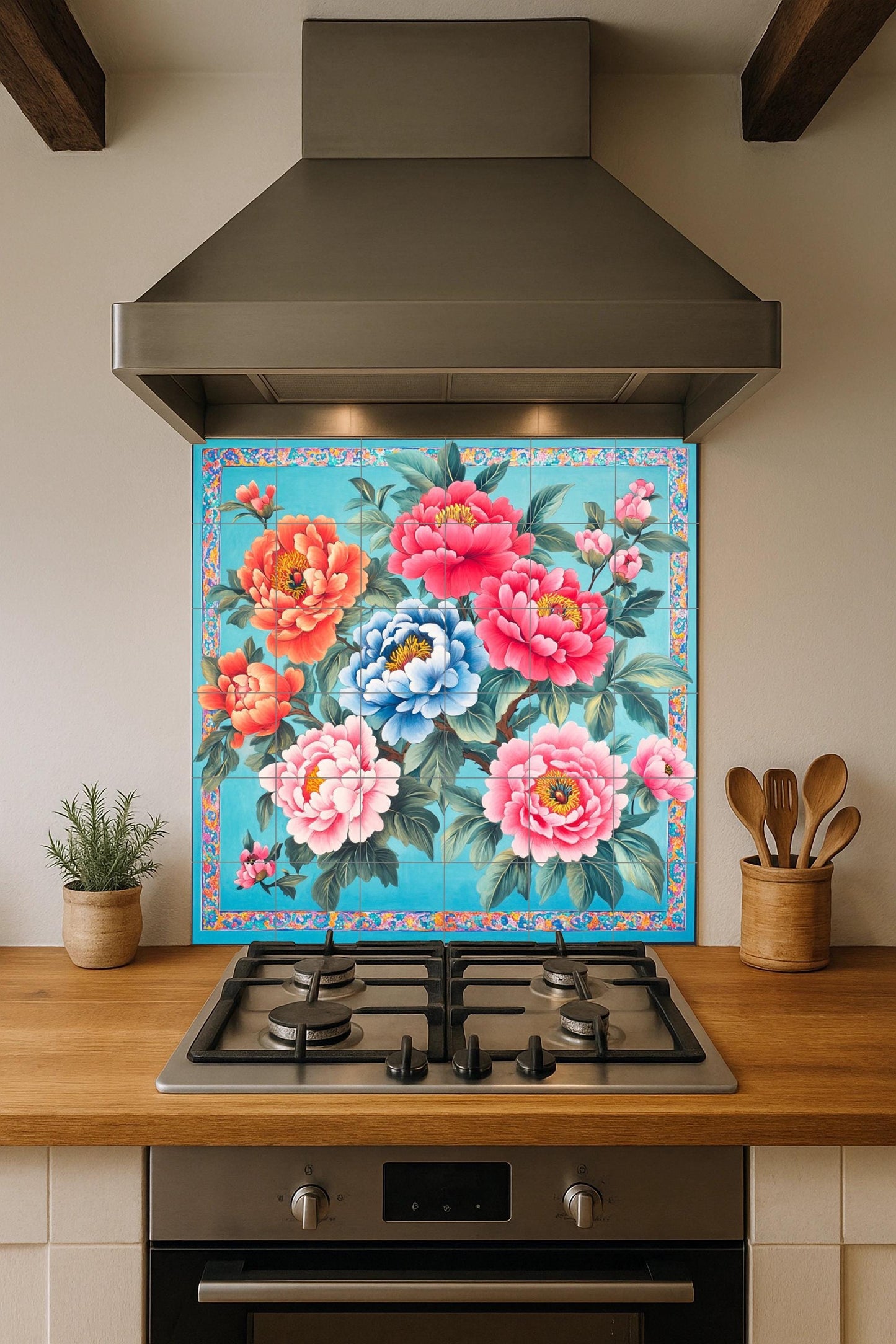 Chinese ceramic mural: peony flowers in red, pink, orange and blue, traditional floral tile art, symbol of prosperity and cultural heritage.
