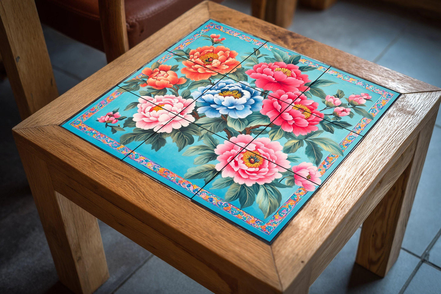 Chinese ceramic mural: peony flowers in red, pink, orange and blue, traditional floral tile art, symbol of prosperity and cultural heritage.