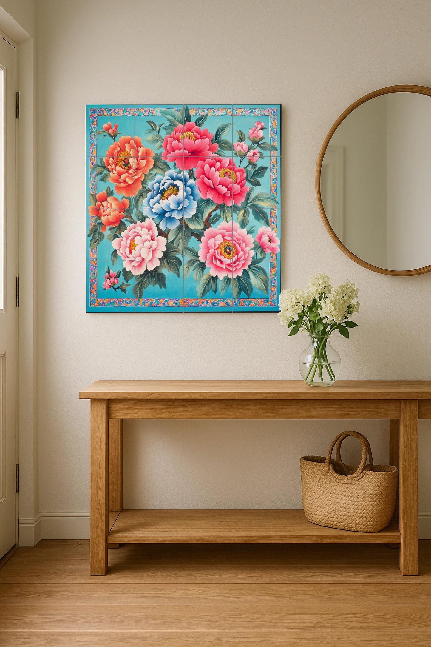 Chinese ceramic mural: peony flowers in red, pink, orange and blue, traditional floral tile art, symbol of prosperity and cultural heritage.