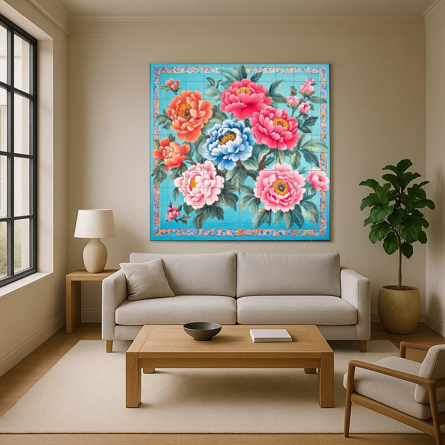 Chinese ceramic mural: peony flowers in red, pink, orange and blue, traditional floral tile art, symbol of prosperity and cultural heritage.