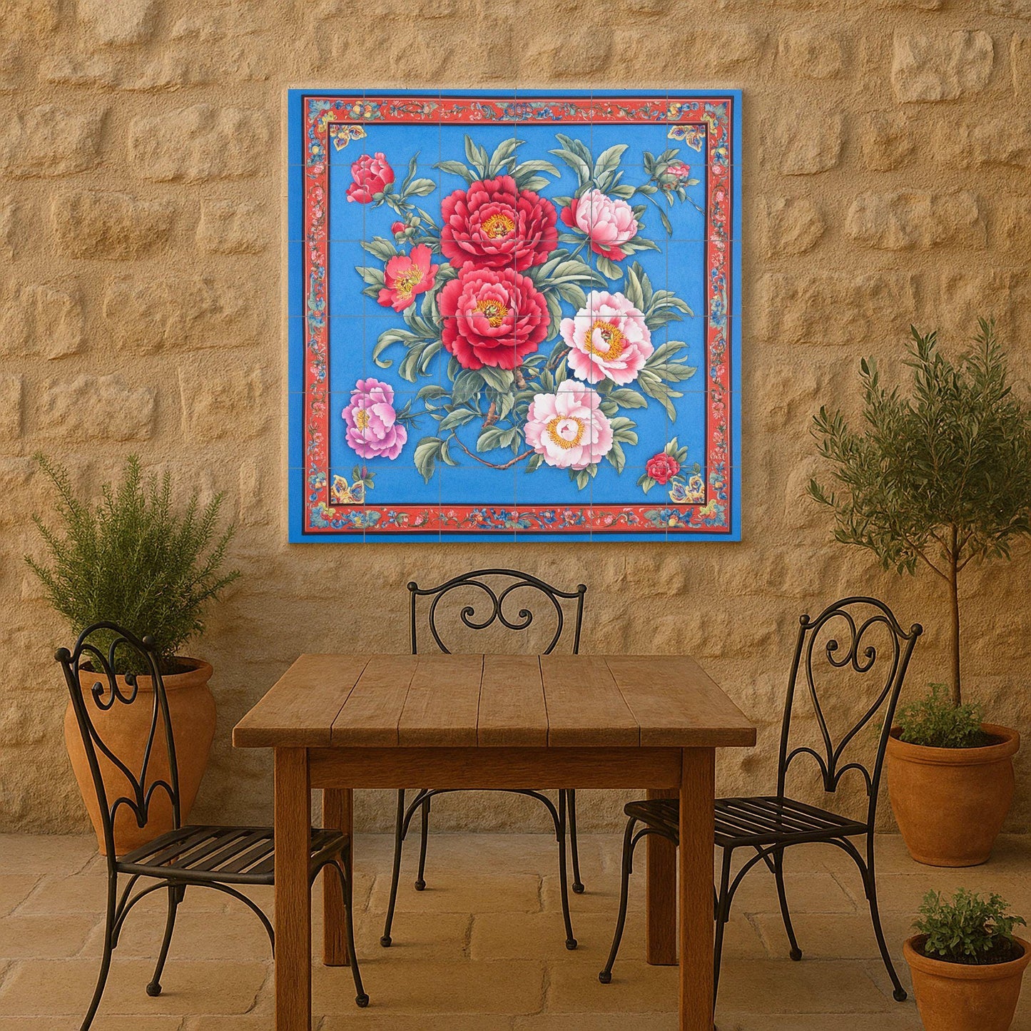 Large ceramic floral mural: intense red and pink flowers on a deep blue with an ornate border, striking tile wall art for impactful interiors.