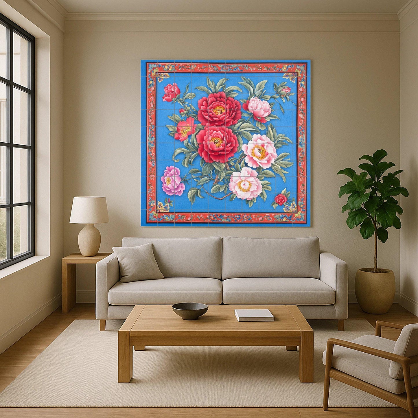 Large ceramic floral mural: intense red and pink flowers on a deep blue with an ornate border, striking tile wall art for impactful interiors.