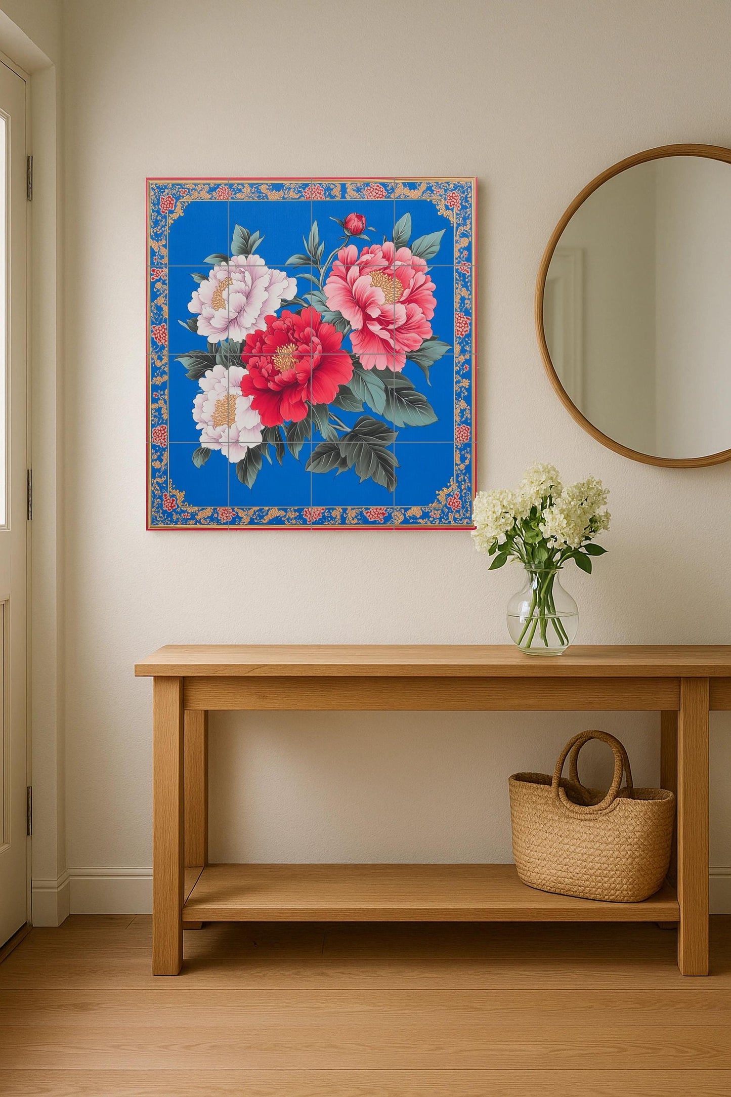 Taiwanese Hakka ceramic mural: vibrant peony flowers on a cobalt blue folk art floral tile panel with festive gift fabric border.