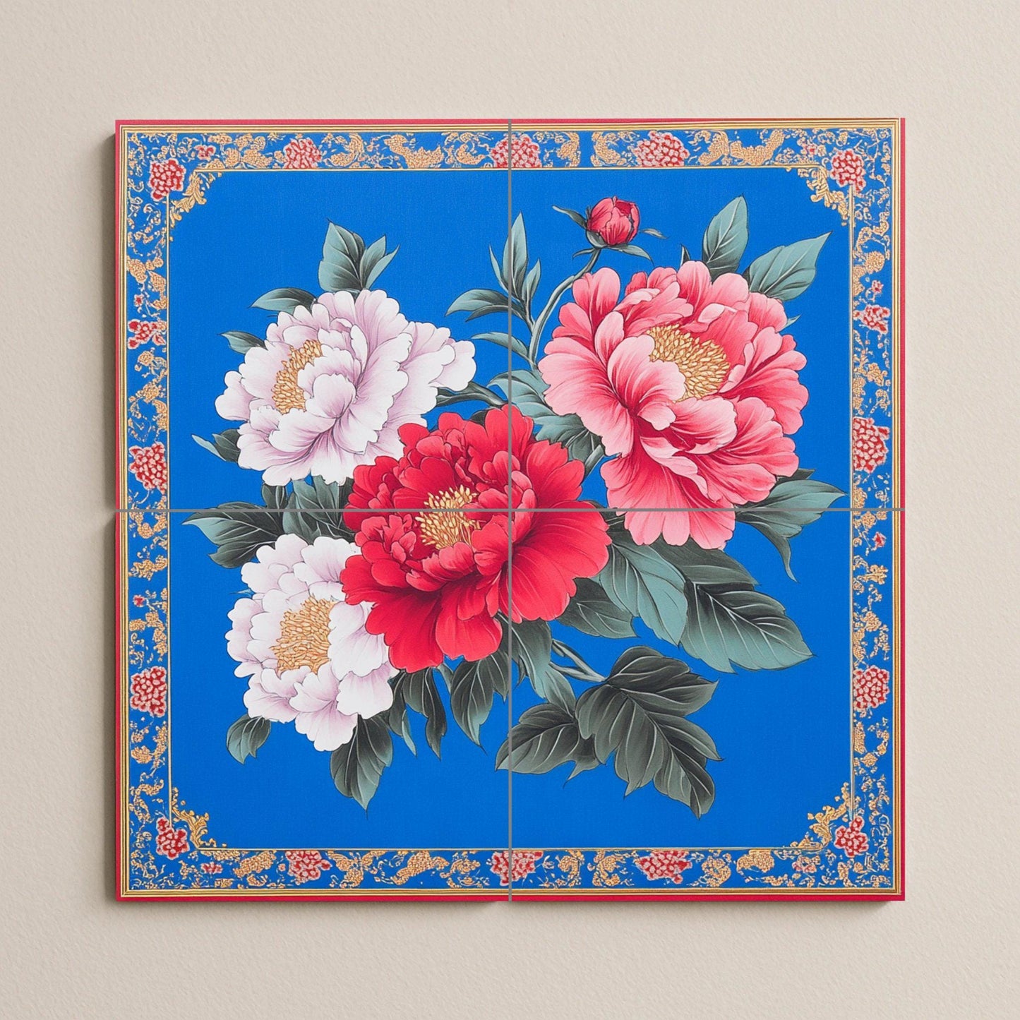 Taiwanese Hakka ceramic mural: vibrant peony flowers on a cobalt blue folk art floral tile panel with festive gift fabric border.