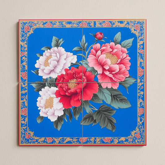 Taiwanese Hakka ceramic mural: vibrant peony flowers on a cobalt blue folk art floral tile panel with festive gift fabric border.
