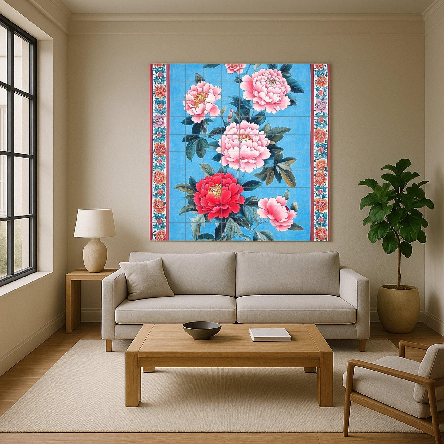 Taiwanese ceramic mural: peony flowers on cobalt blue, inspired by Hakka floral art from Miaoli, Hsinchu, Taoyuan, Tainan and Kaohsiung.