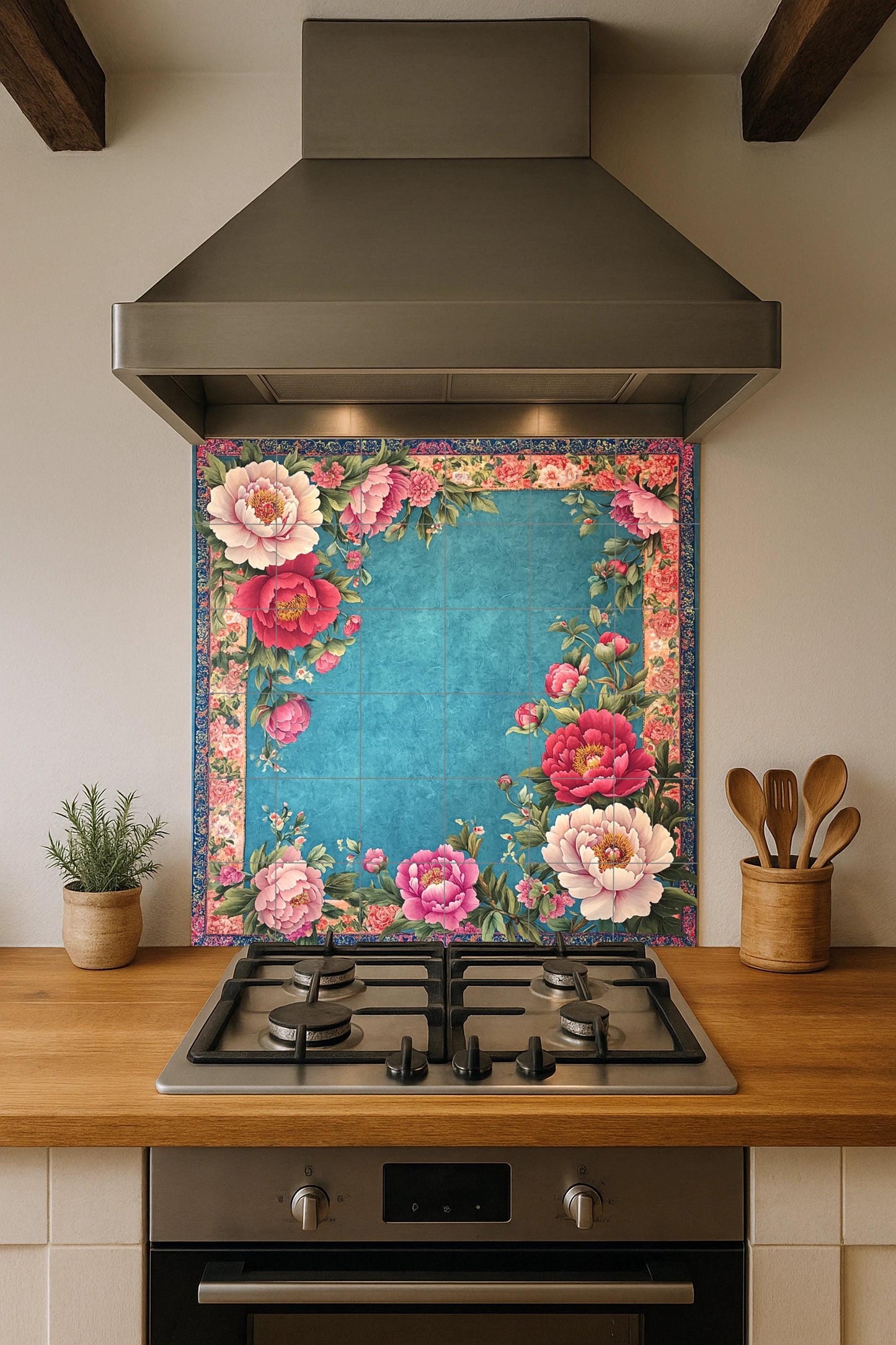 Floral ceramic mural: elegant pink and red flowers with lush vegetation on a turquoise background, ornate tile artwork with decorative border.