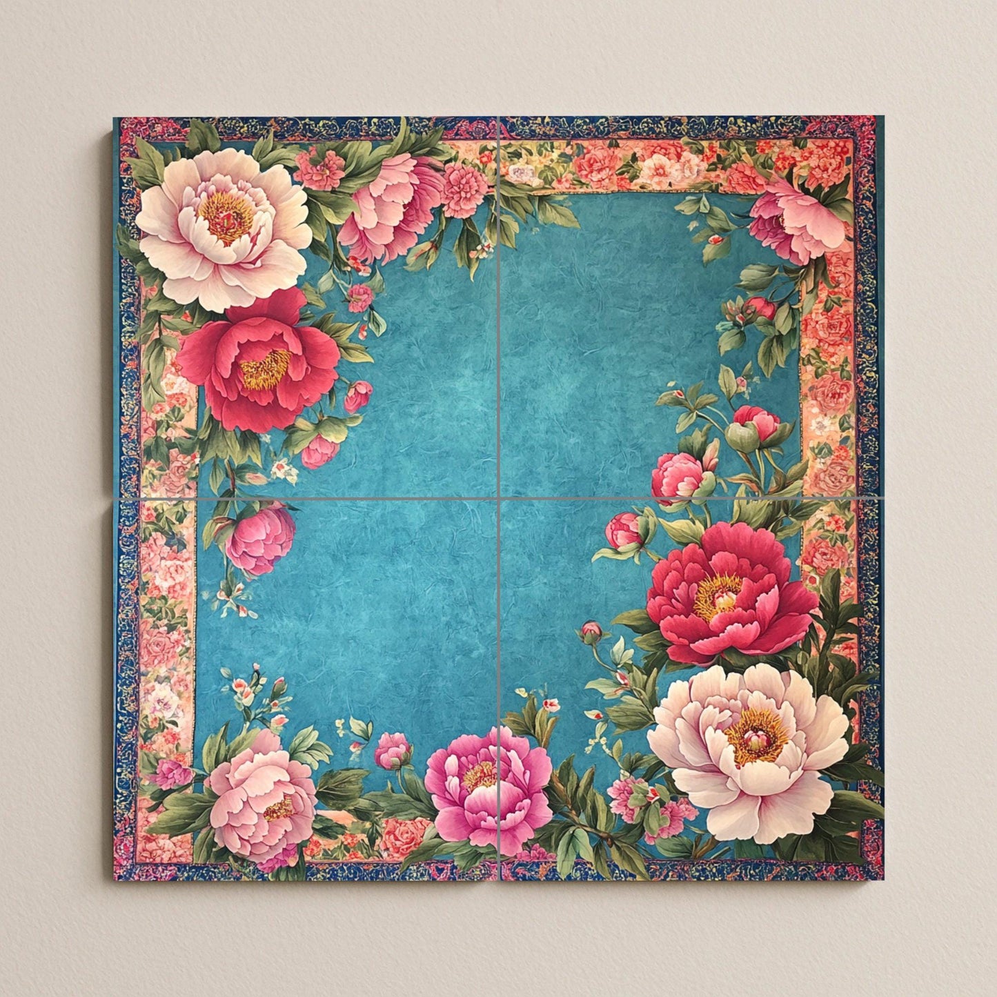 Floral ceramic mural: elegant pink and red flowers with lush vegetation on a turquoise background, ornate tile artwork with decorative border.