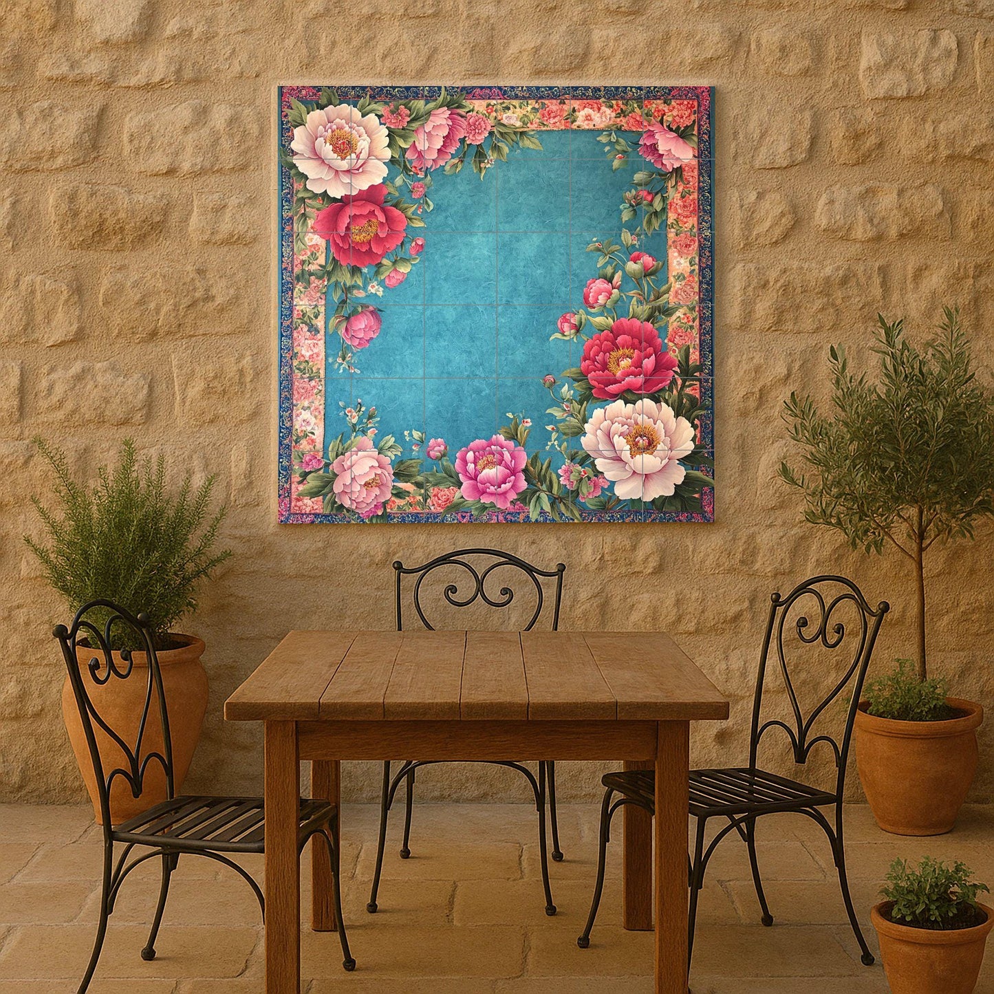 Floral ceramic mural: elegant pink and red flowers with lush vegetation on a turquoise background, ornate tile artwork with decorative border.