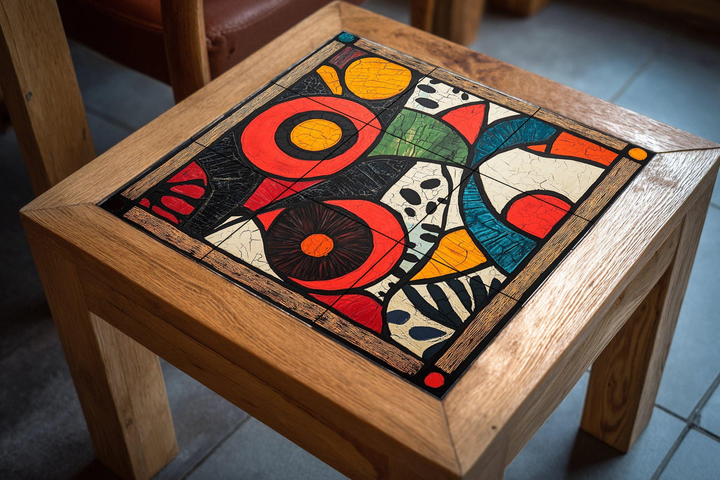 Kitenge ceramic mural from Tanzania: bold abstract art with African wax motifs and a vibrant geometric panel with floral details on the border.