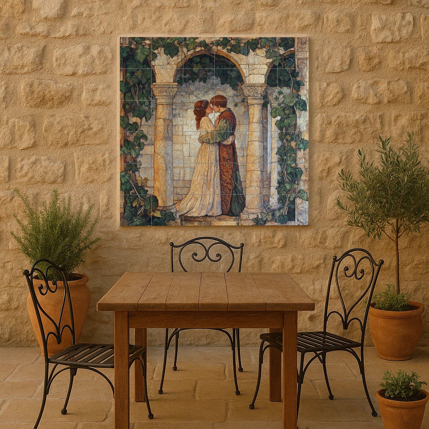 Ceramic mural of Shakespearean romance: medieval lovers in an ivy-covered arch, English poetic mural art with vintage Renaissance elegance.