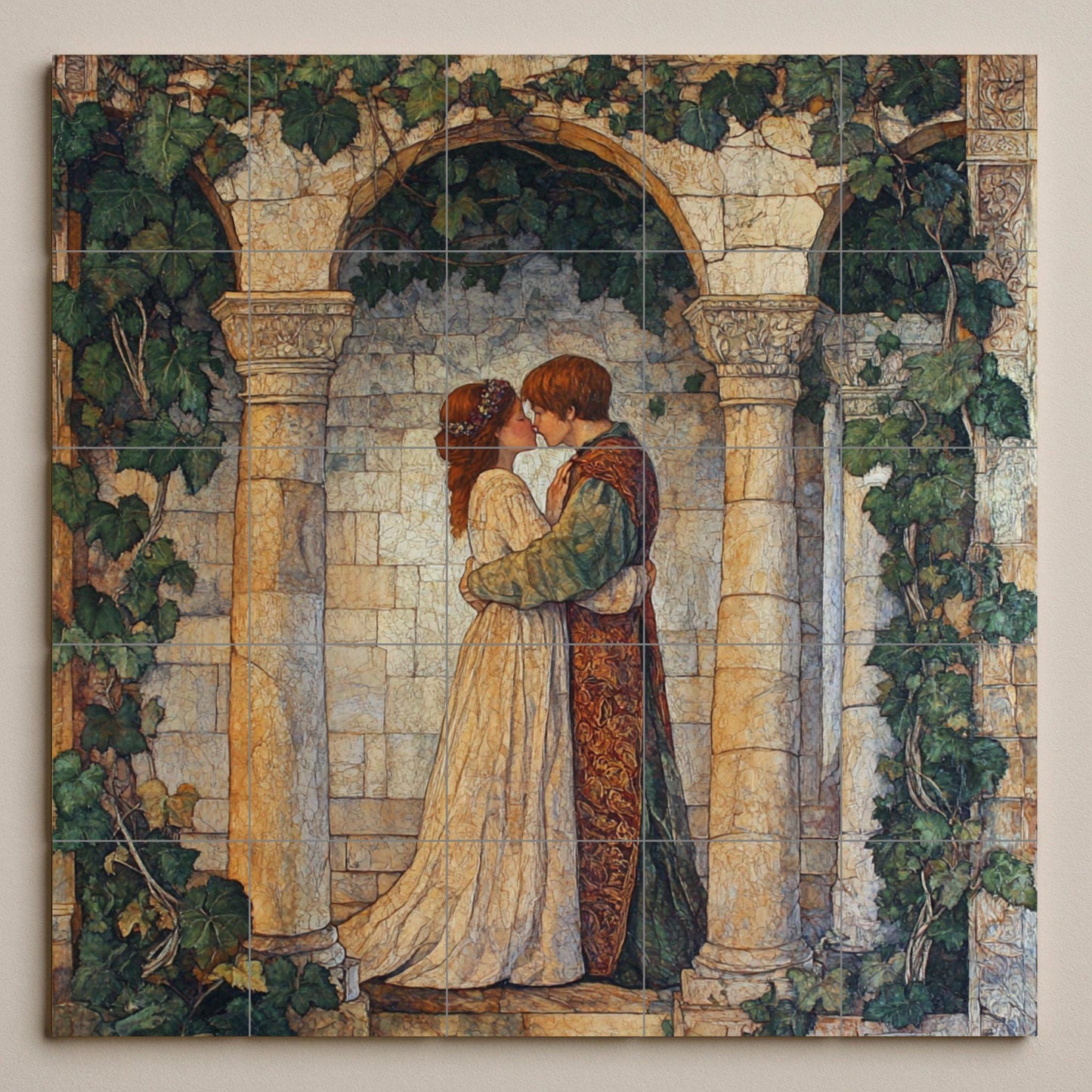 Ceramic mural of Shakespearean romance: medieval lovers in an ivy-covered arch, English poetic mural art with vintage Renaissance elegance.