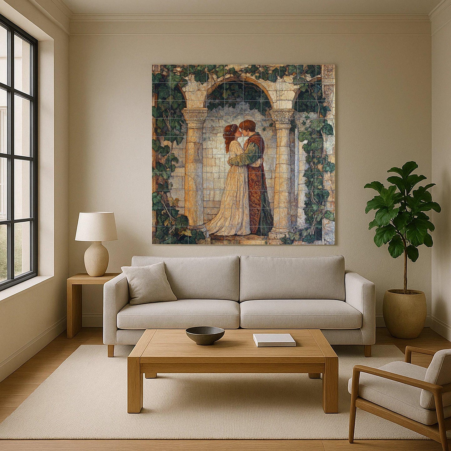 Ceramic mural of Shakespearean romance: medieval lovers in an ivy-covered arch, English poetic mural art with vintage Renaissance elegance.