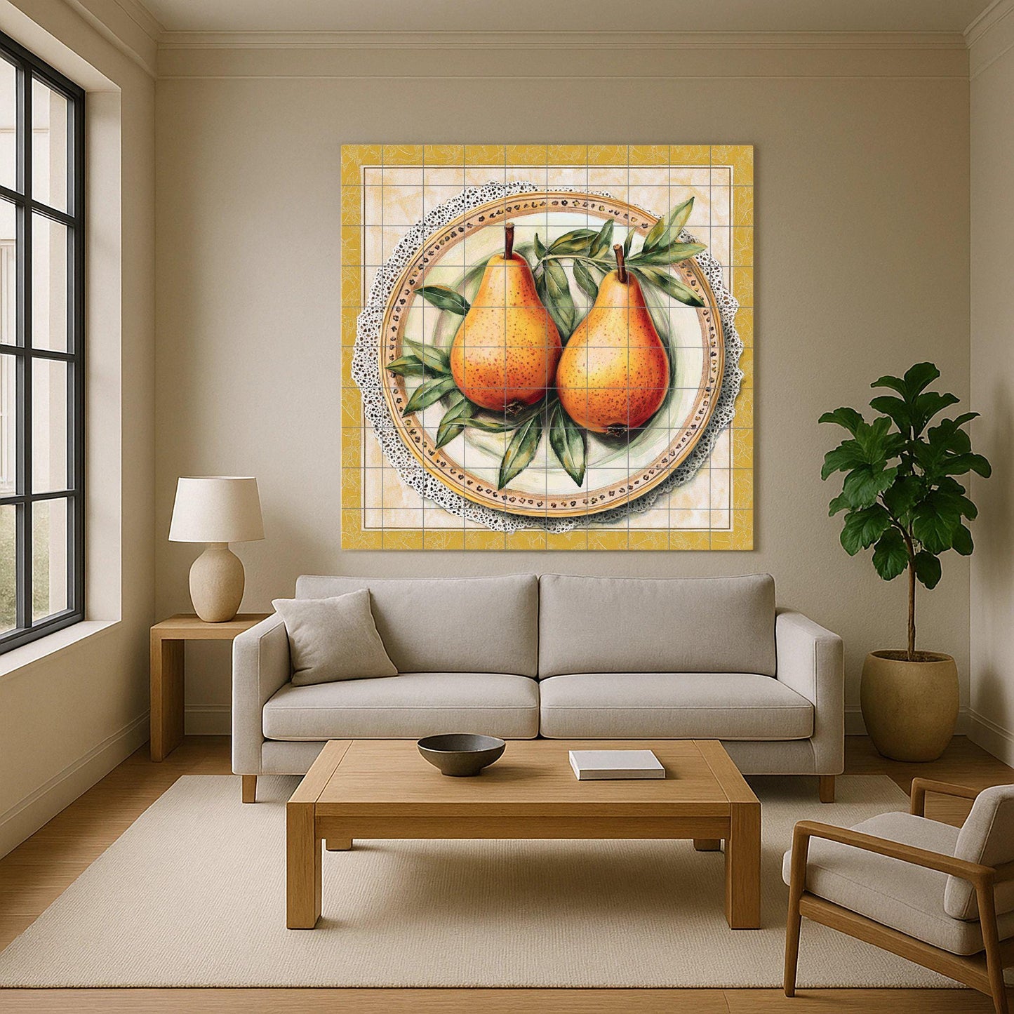 Rustic ceramic mural with pears: still life of golden fruit on an ornate plate, vintage Italian country style tile art with lace border and leaf details.