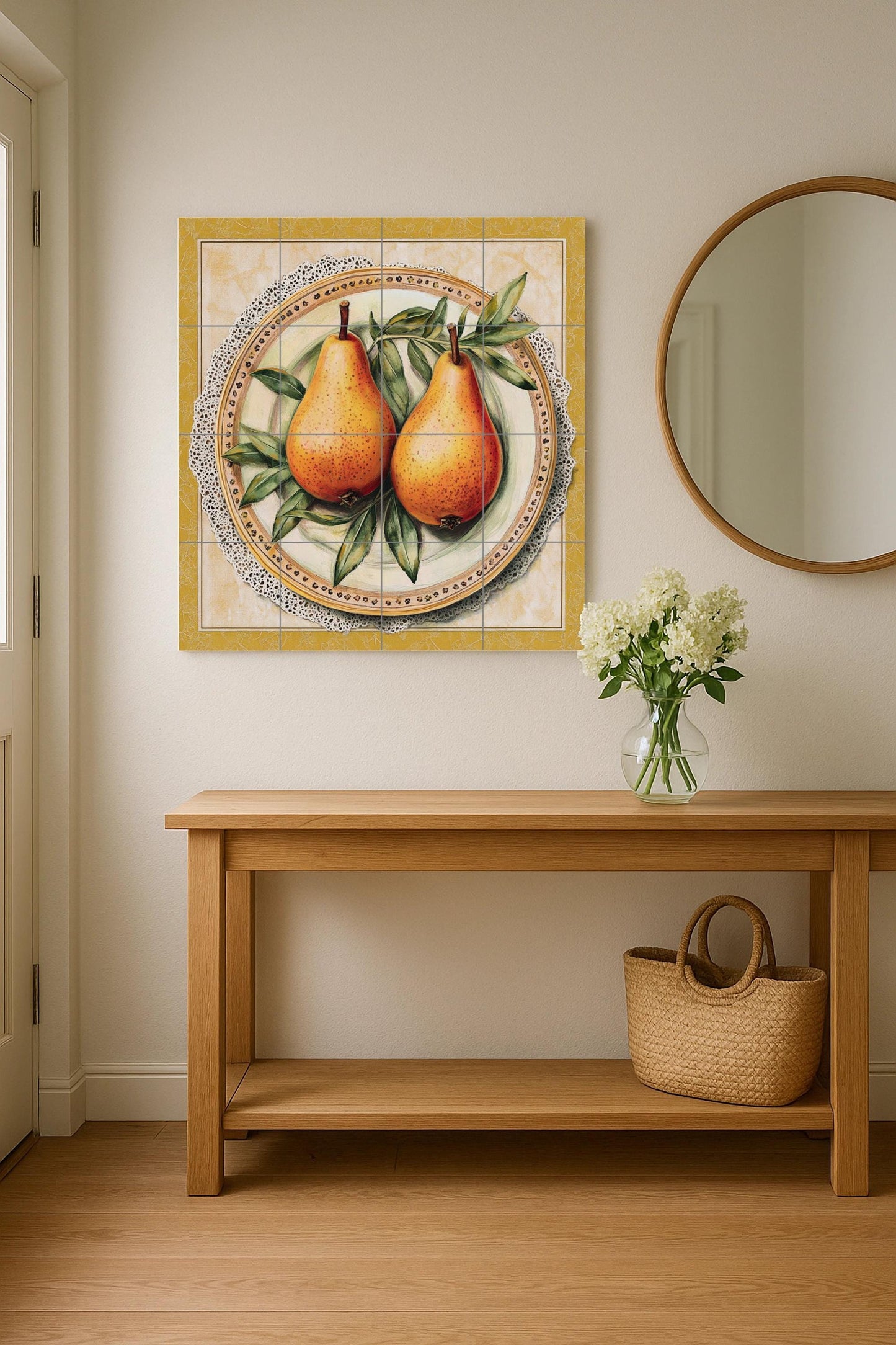 Rustic ceramic mural with pears: still life of golden fruit on an ornate plate, vintage Italian country style tile art with lace border and leaf details.