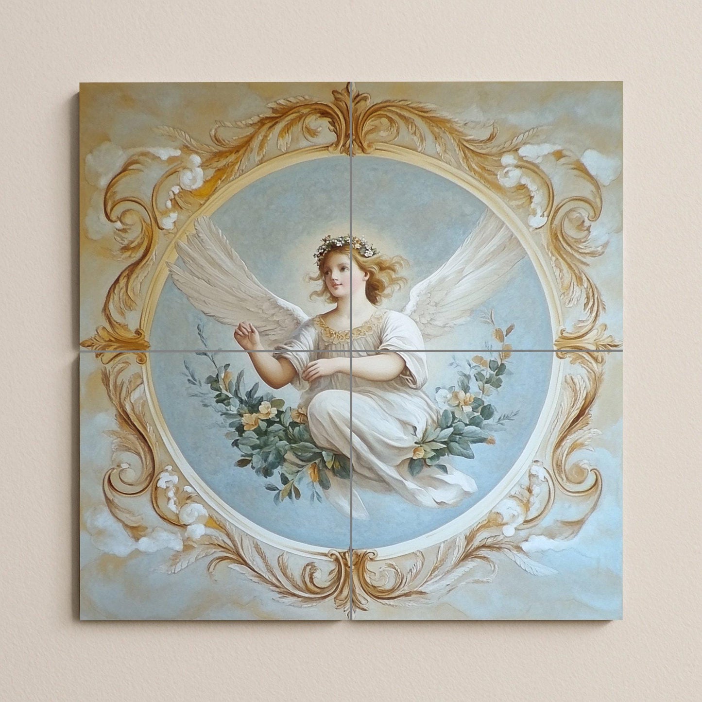 Renaissance Angel Ceramic Mural: Baroque fresco with golden ornaments and celestial grace, classic tile art for wall.
