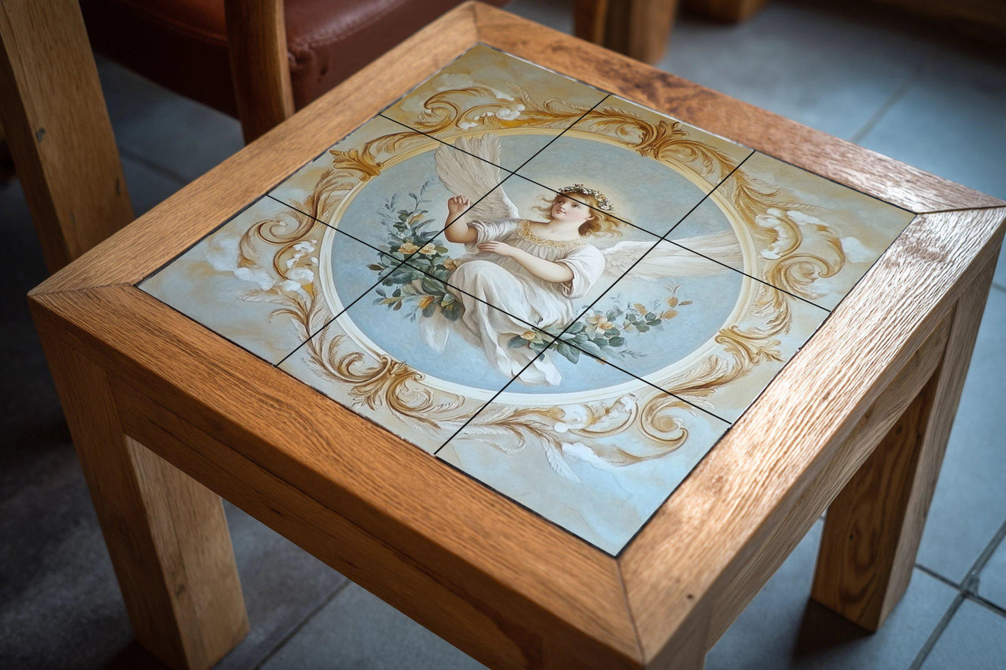 Renaissance Angel Ceramic Mural: Baroque fresco with golden ornaments and celestial grace, classic tile art for wall.