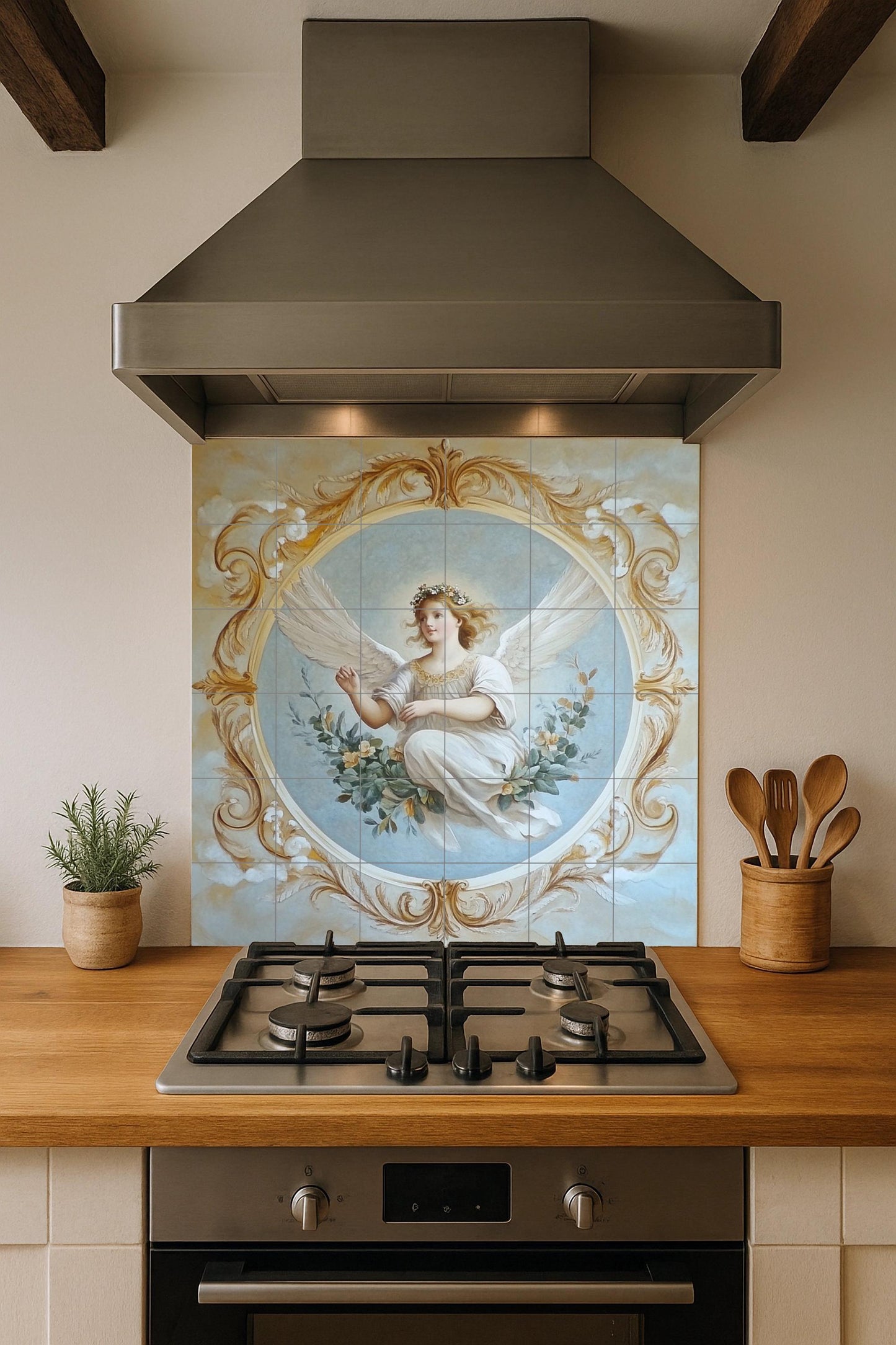 Renaissance Angel Ceramic Mural: Baroque fresco with golden ornaments and celestial grace, classic tile art for wall.