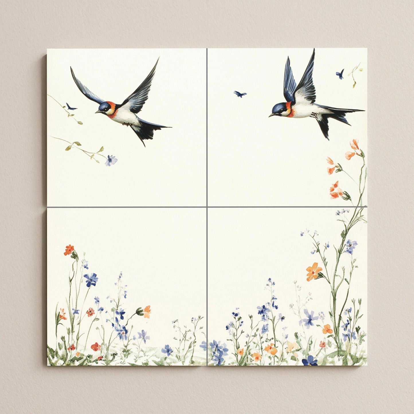 Ceramic mural "Spring Swallows": Minimalist European tile with birds in flight and a meadow of wildflowers, mural art inspired by nature.