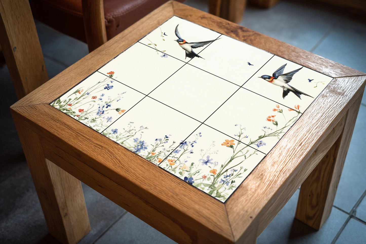 Ceramic mural "Spring Swallows": Minimalist European tile with birds in flight and a meadow of wildflowers, mural art inspired by nature.