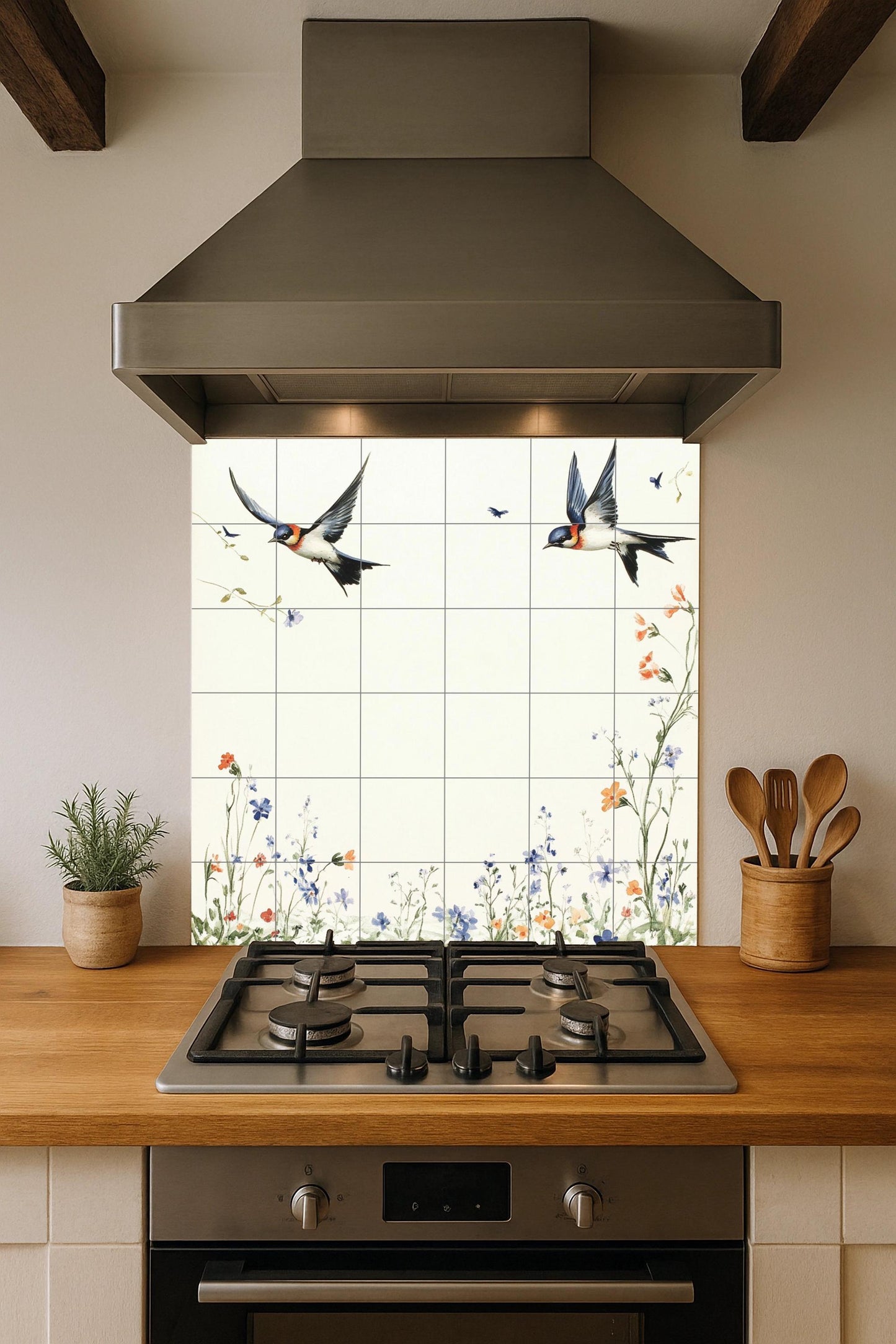 Ceramic mural "Spring Swallows": Minimalist European tile with birds in flight and a meadow of wildflowers, mural art inspired by nature.