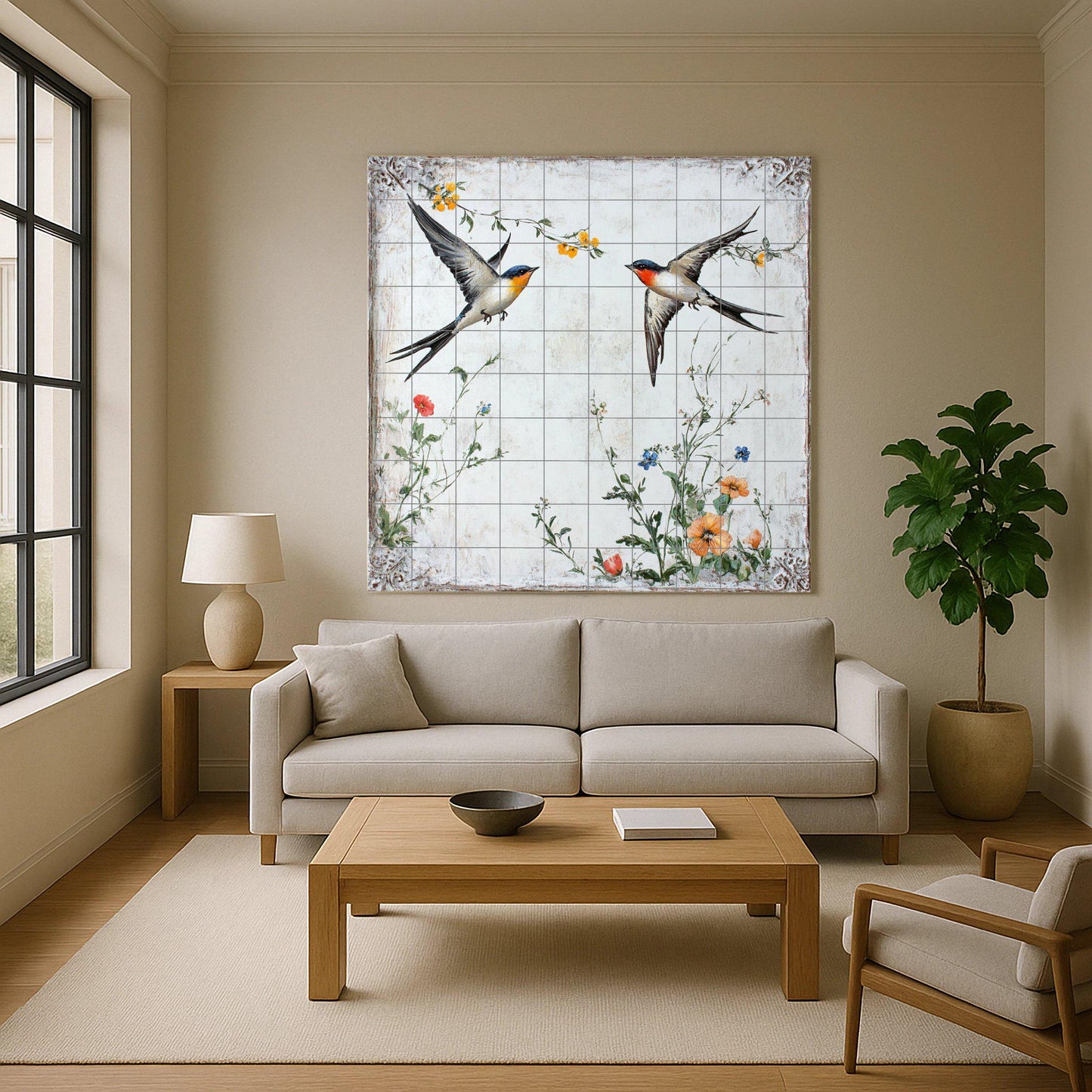 Ceramic mural "Swallows in flight": Birds and wildflowers of the European countryside, vintage art inspired by nature.