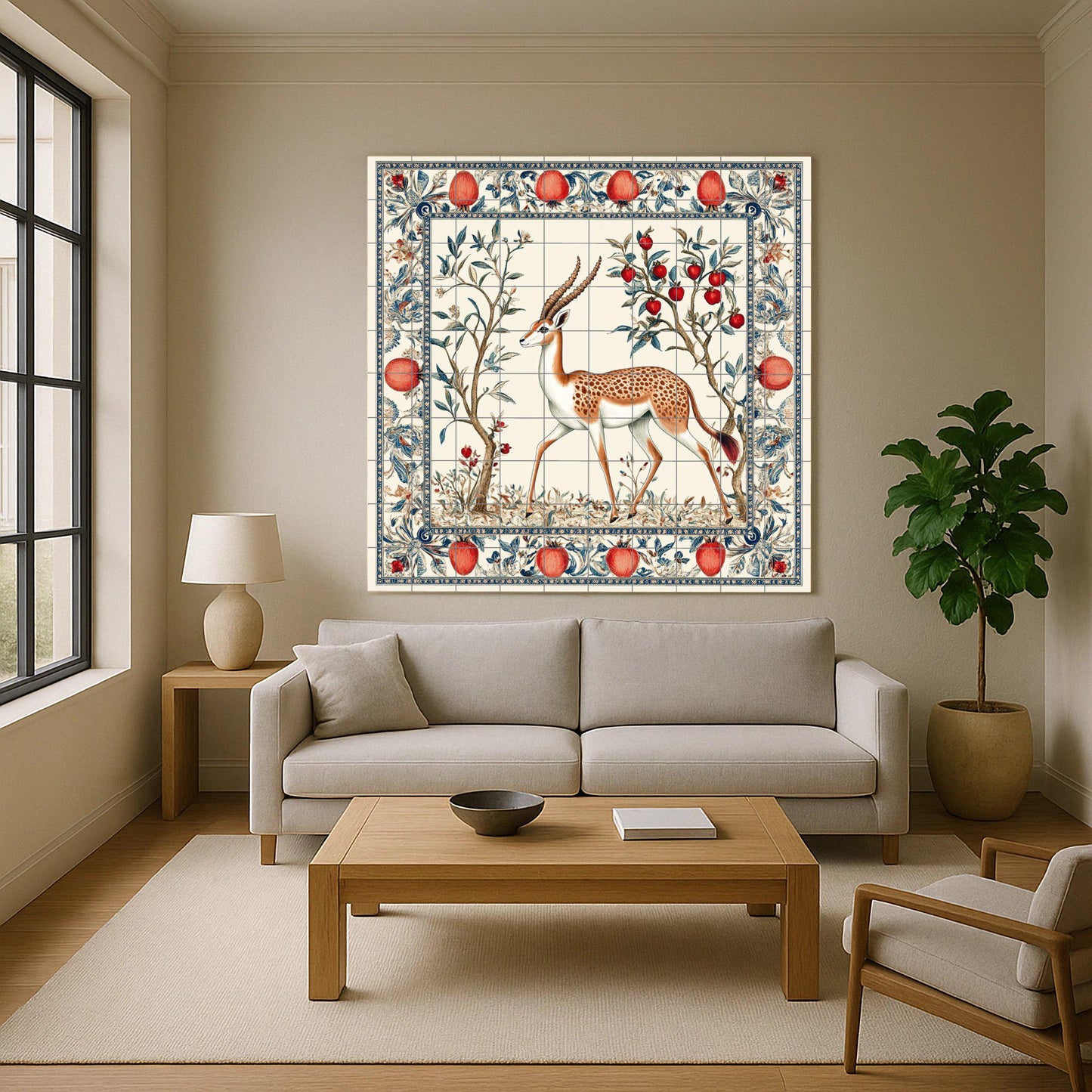 Ceramic mural of a Persian gazelle: Safavid garden art with pomegranates and ornamental foliage, decorative tile from the Middle East.