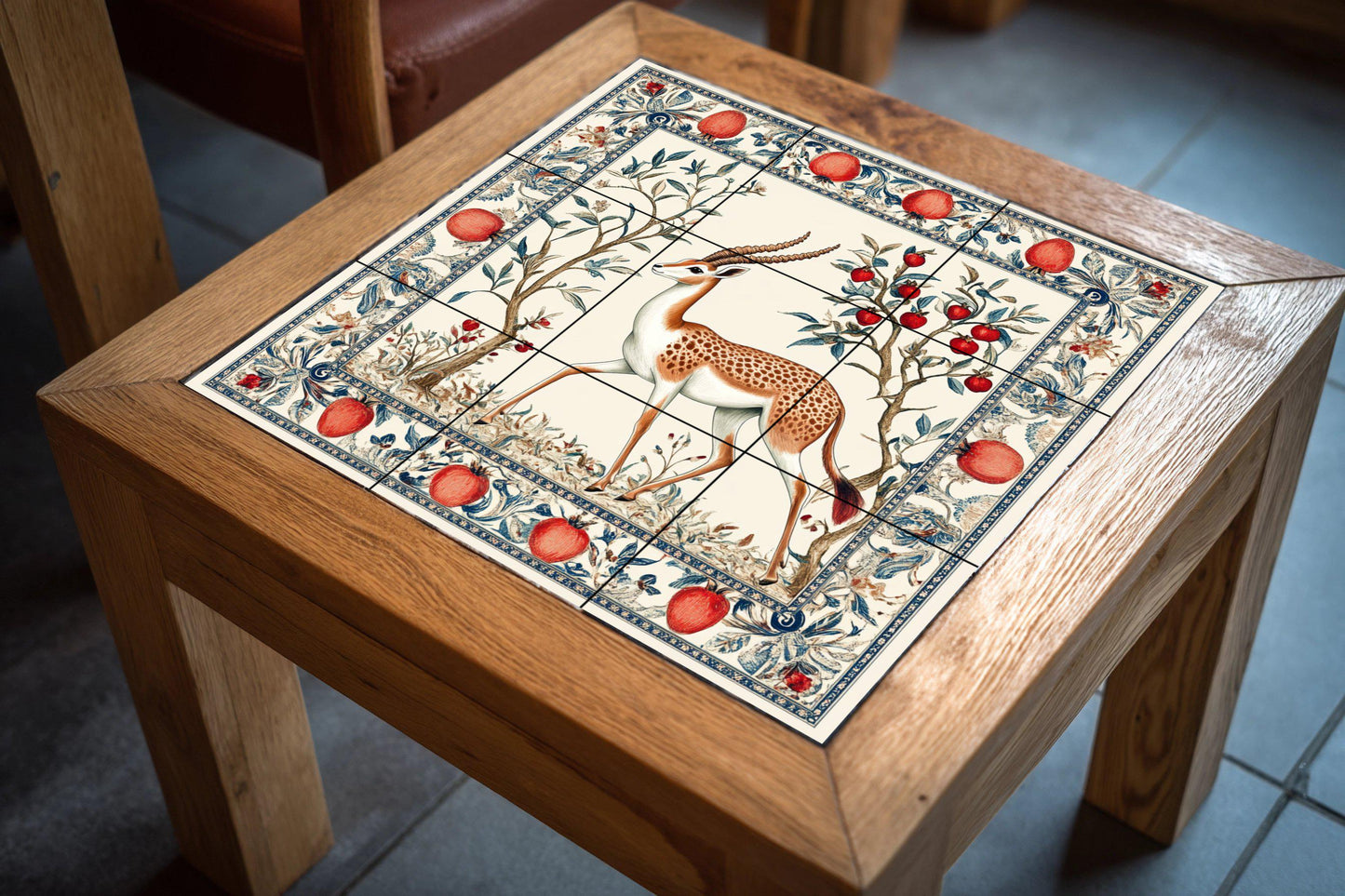 Ceramic mural of a Persian gazelle: Safavid garden art with pomegranates and ornamental foliage, decorative tile from the Middle East.