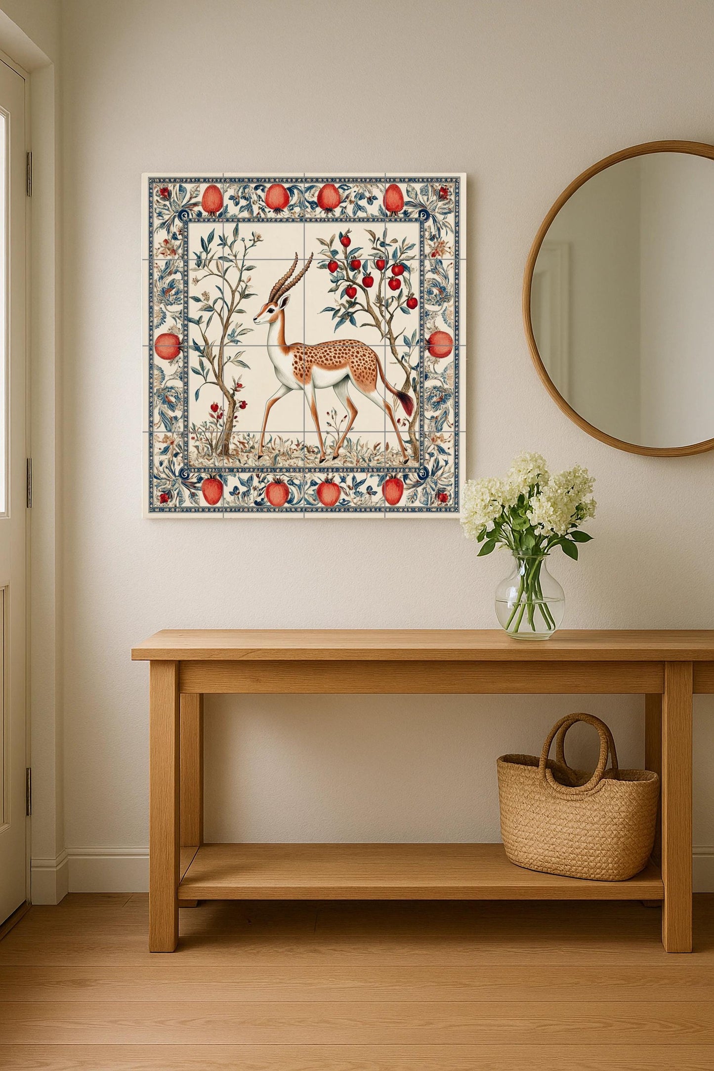 Ceramic mural of a Persian gazelle: Safavid garden art with pomegranates and ornamental foliage, decorative tile from the Middle East.