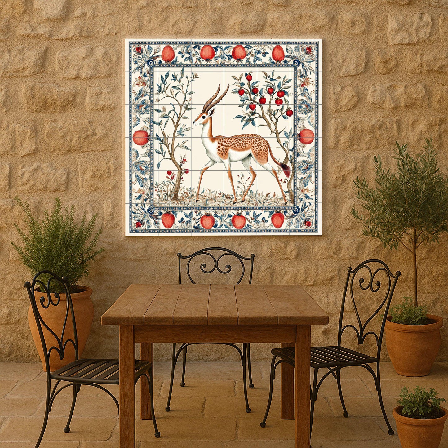 Ceramic mural of a Persian gazelle: Safavid garden art with pomegranates and ornamental foliage, decorative tile from the Middle East.