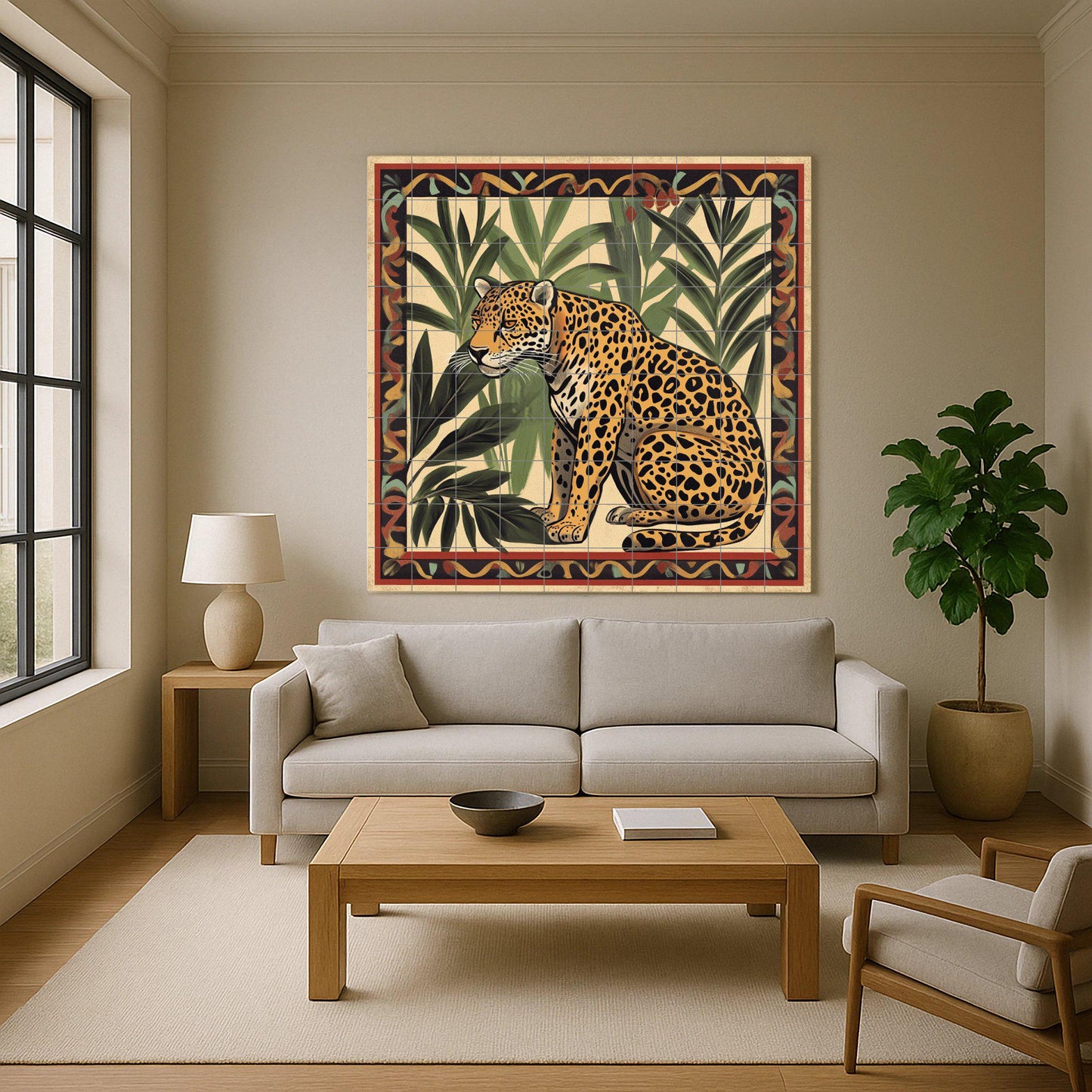 Ceramic mural of an Amazonian jaguar: Latin American jungle art with tropical palm trees and tribal border, mosaic of exotic fauna.