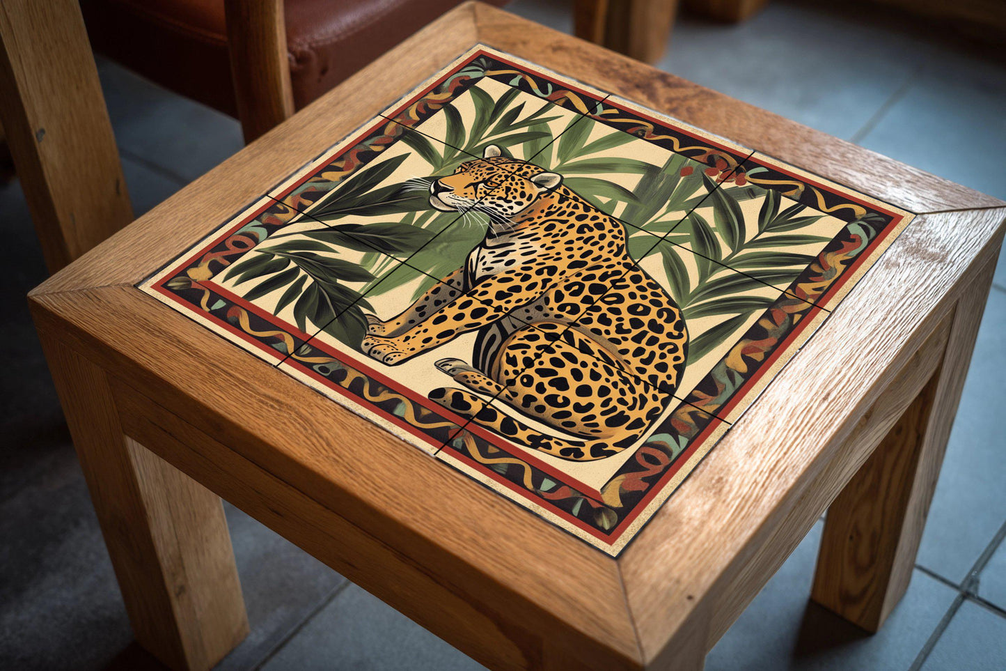Ceramic mural of an Amazonian jaguar: Latin American jungle art with tropical palm trees and tribal border, mosaic of exotic fauna.