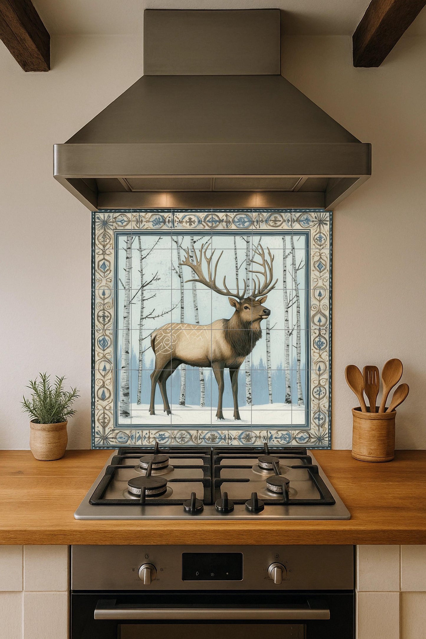 Nordic deer ceramic mural: Scandinavian winter forest with birch trees and antlered deer, blue and ivory decorative tile.