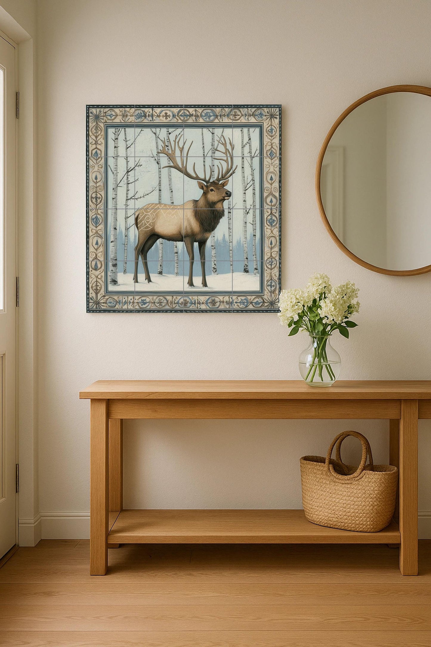 Nordic deer ceramic mural: Scandinavian winter forest with birch trees and antlered deer, blue and ivory decorative tile.