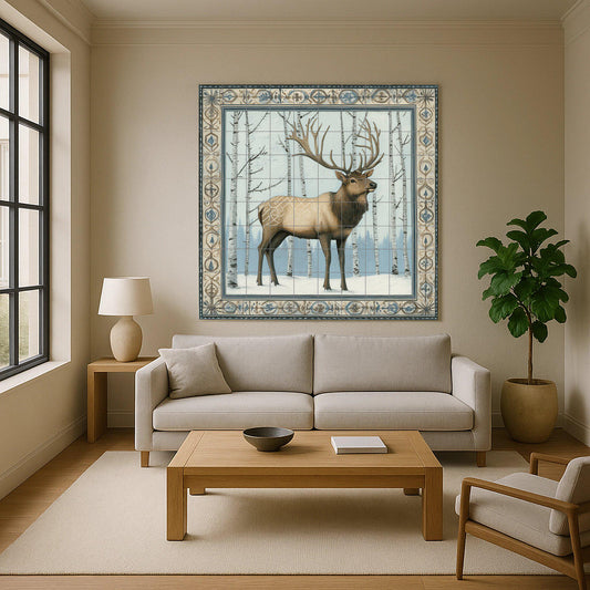 Nordic deer ceramic mural: Scandinavian winter forest with birch trees and antlered deer, blue and ivory decorative tile.