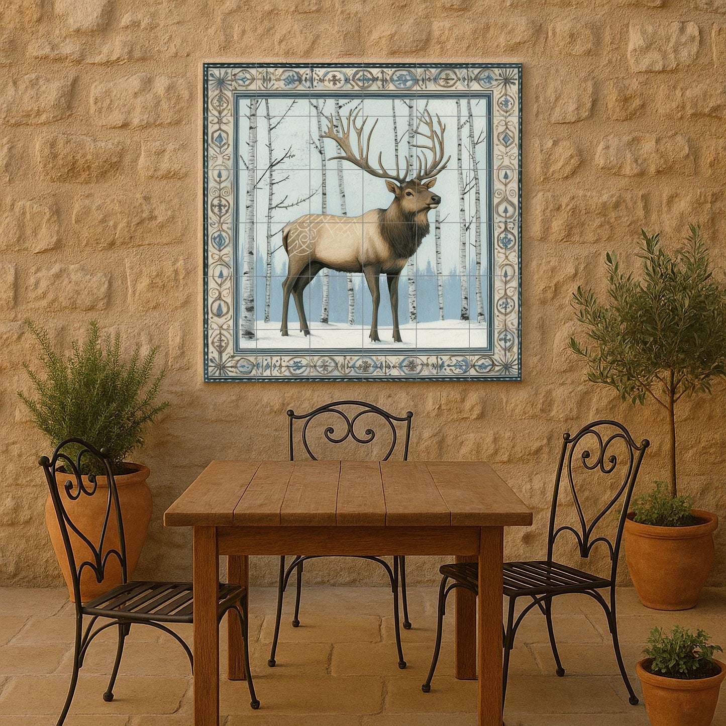 Nordic deer ceramic mural: Scandinavian winter forest with birch trees and antlered deer, blue and ivory decorative tile.