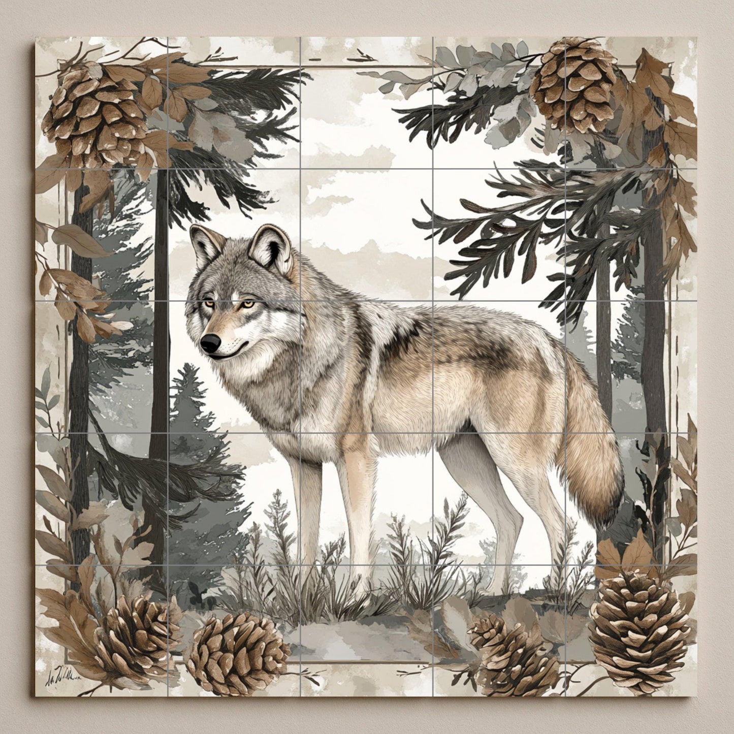 Nordic wolf ceramic mural: Scandinavian forest scene with pine trees and pine cones, nature-inspired tile art.