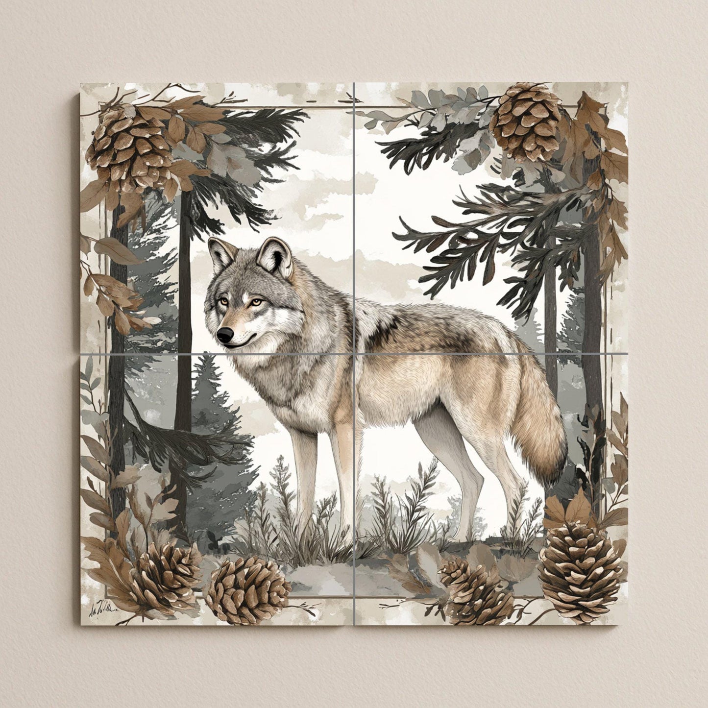 Nordic wolf ceramic mural: Scandinavian forest scene with pine trees and pine cones, nature-inspired tile art.